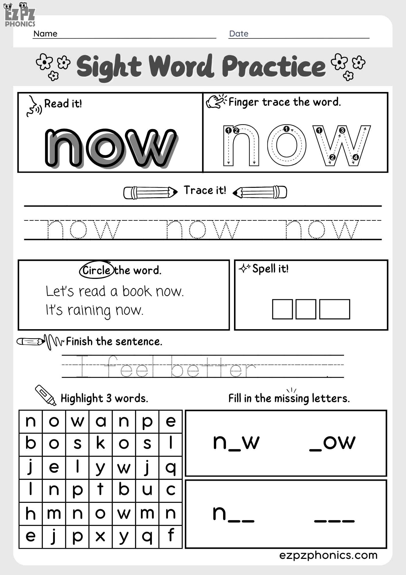 Dolch Kindergarten Sight Word "Now" – Engaging Activities Free PDF Download